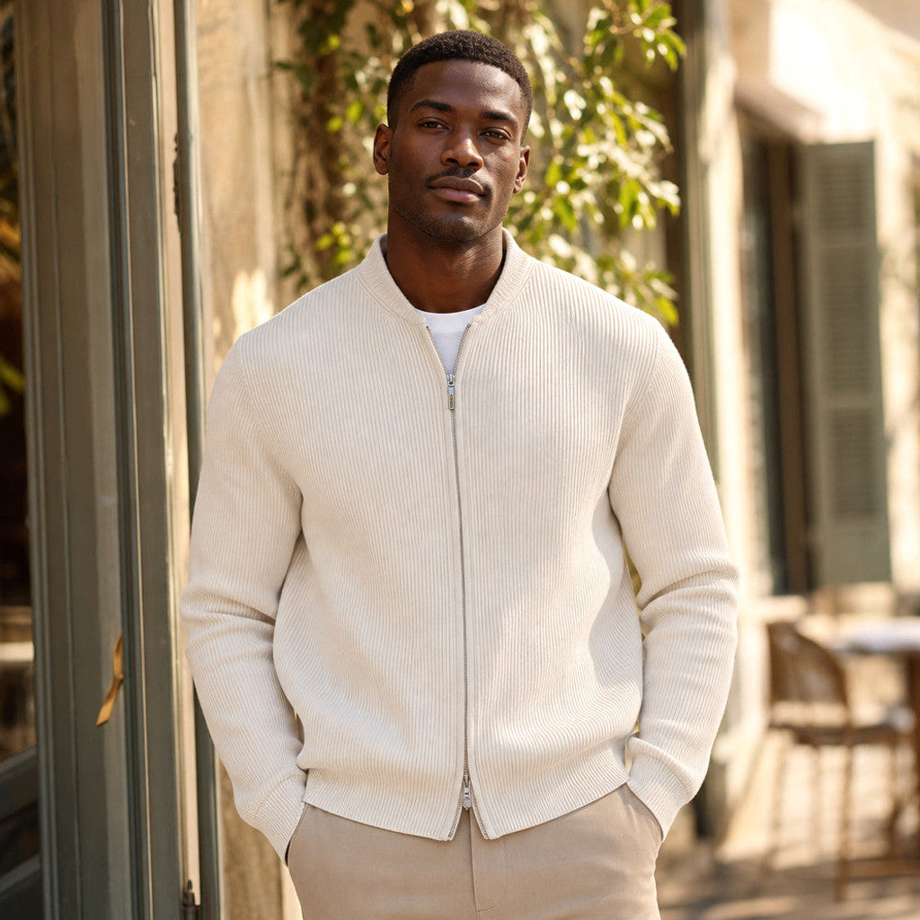 Damon | Ribbed Full-Zip Jacket Relaxed Fit Ivory – Styled Editorial Shot