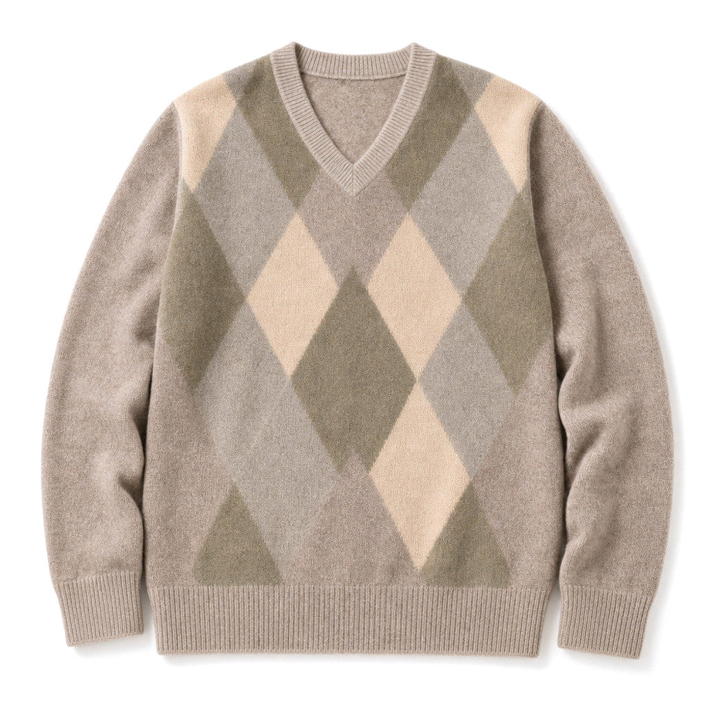 Darton | V-Neck Plaid Knit Jumper Beige – Product Photo