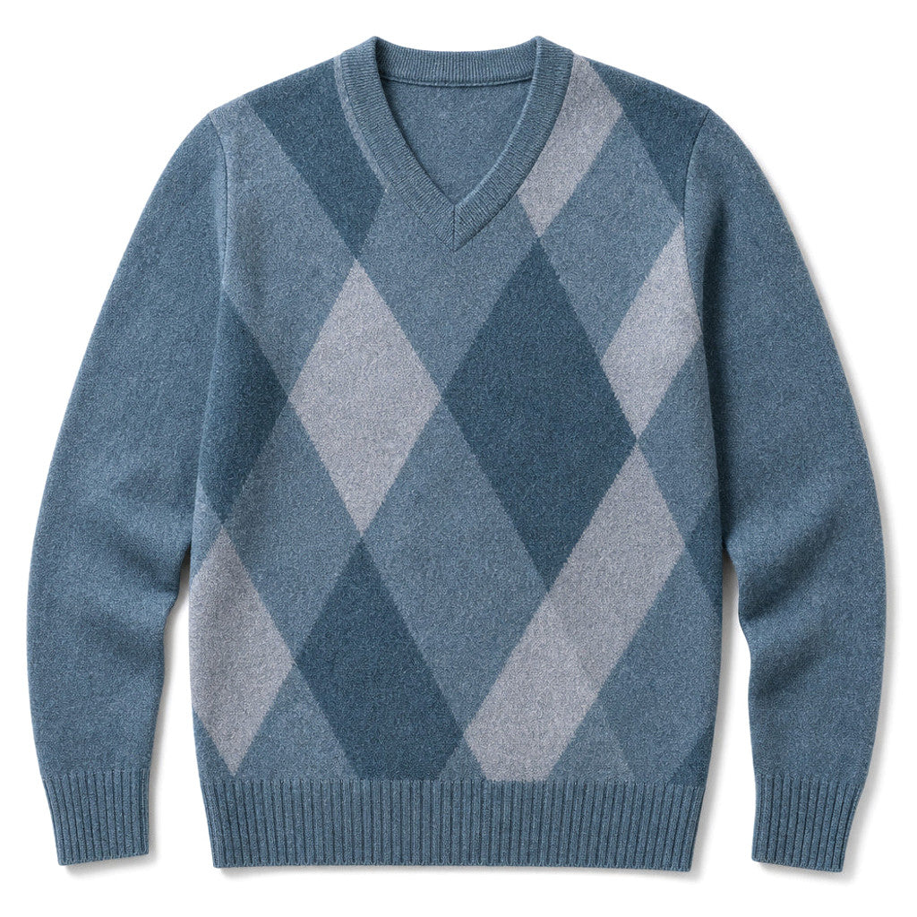 Darton | V-Neck Plaid Knit Jumper Blue – Product Photo