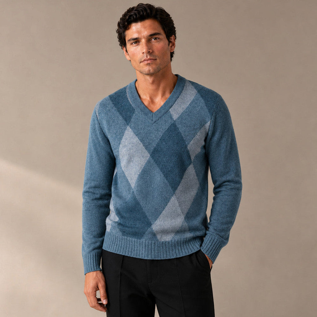 Darton | V-Neck Plaid Knit Jumper in Blue – Premium Editorial
