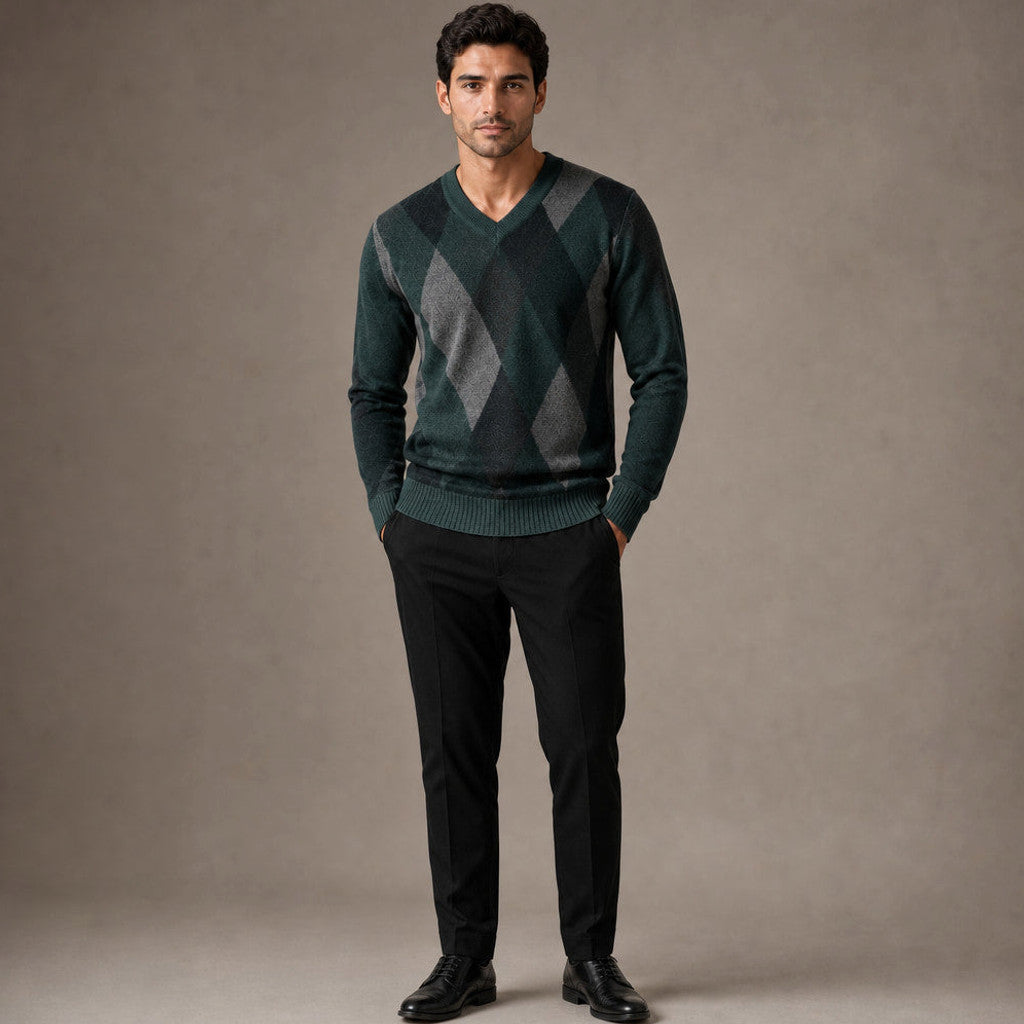 Darton | V-Neck Plaid Knit Jumper in Green – Premium Editorial