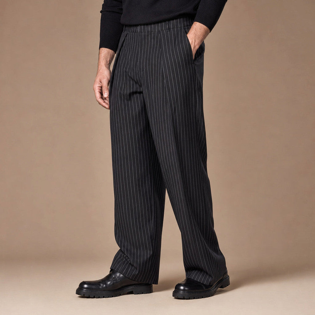 Darvard | Pinstripe Trouser Wide Leg Black Black – Side Angle View