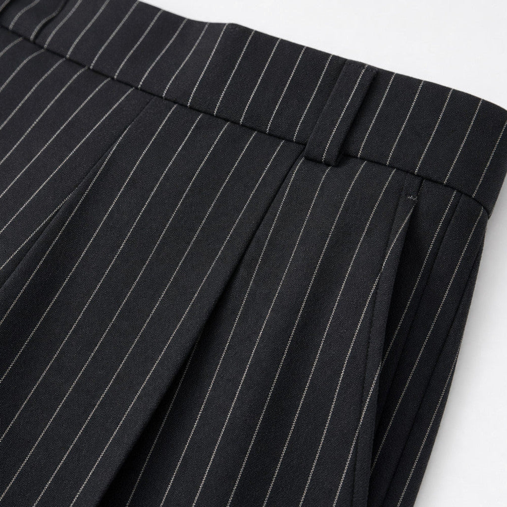 Darvard | Pinstripe Trouser Wide Leg Black Black – Fabric and Detail Close-Up