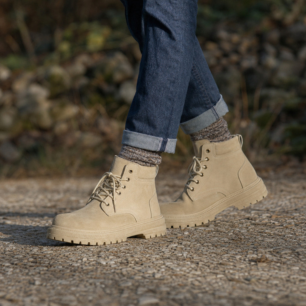 Dealer Boots Suede Lace-Up Beige – Styled Editorial Shot