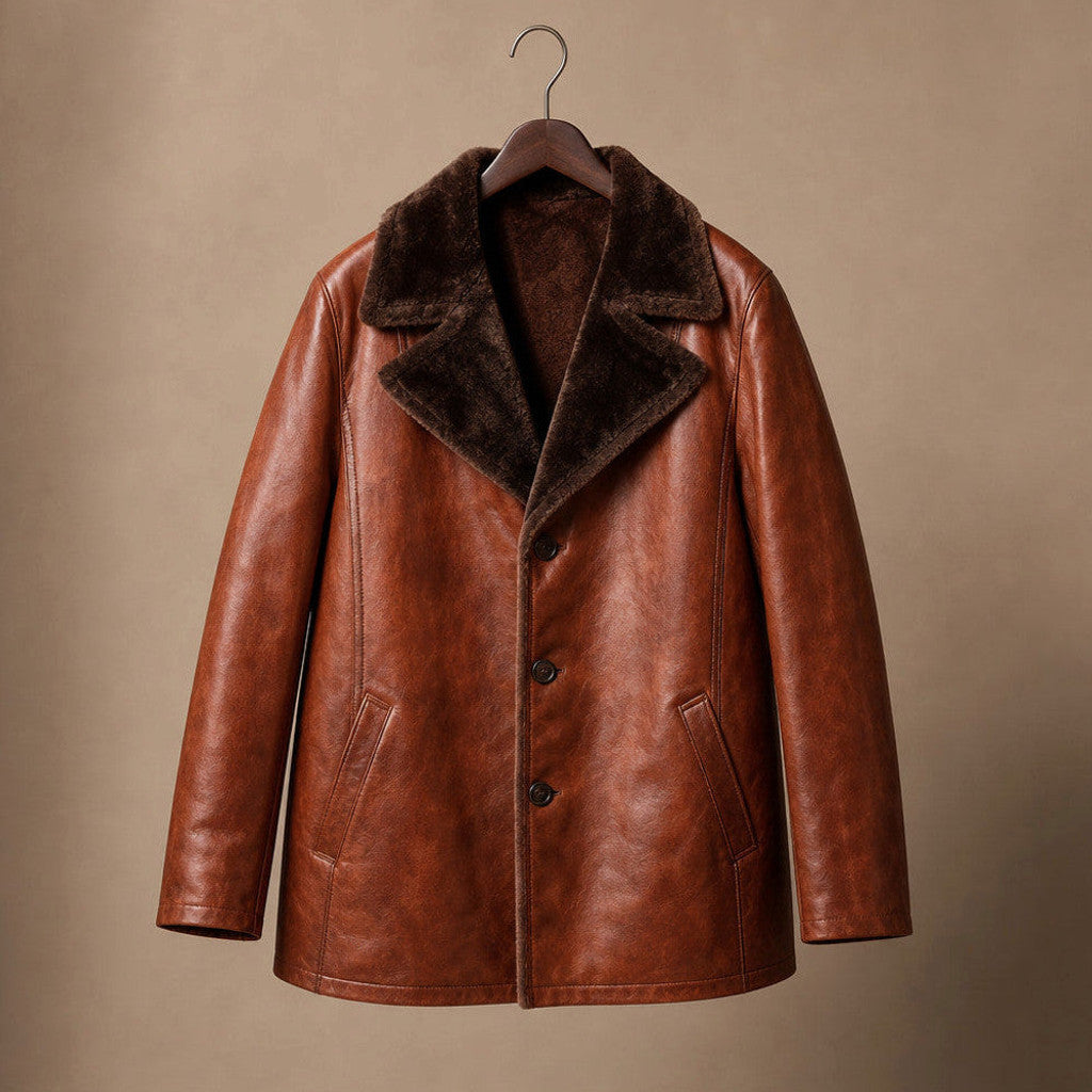 Man wearing cinnamon brown shearling leather coat over a crewneck with dark denim