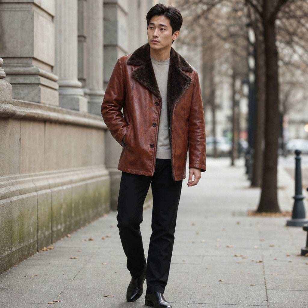 Daventry | Shearling Leather Coat Cinnamon Brown – Product Photo
