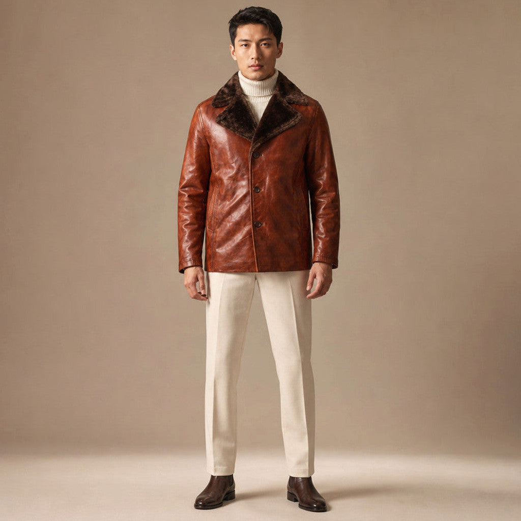 Cinnamon brown sheepskin leather coat with shearling lapel collar, front view