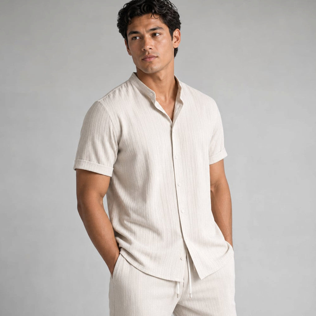 Daxwell | Matching Set Band Collar Crinkle Weave Co-Ord Apricot – Side Angle View