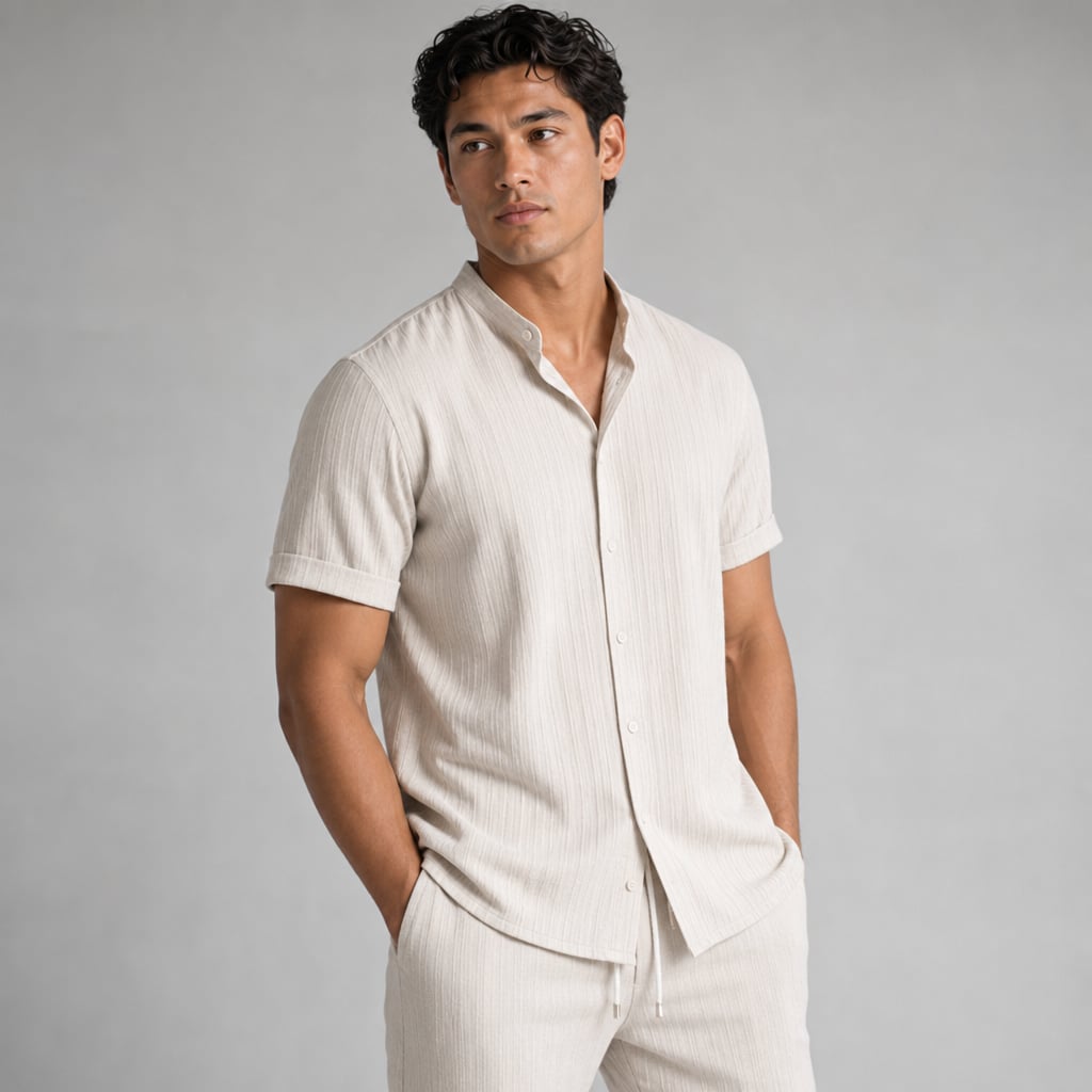 Daxwell | Matching Set Band Collar Crinkle Weave Co-Ord Apricot – Side Angle View