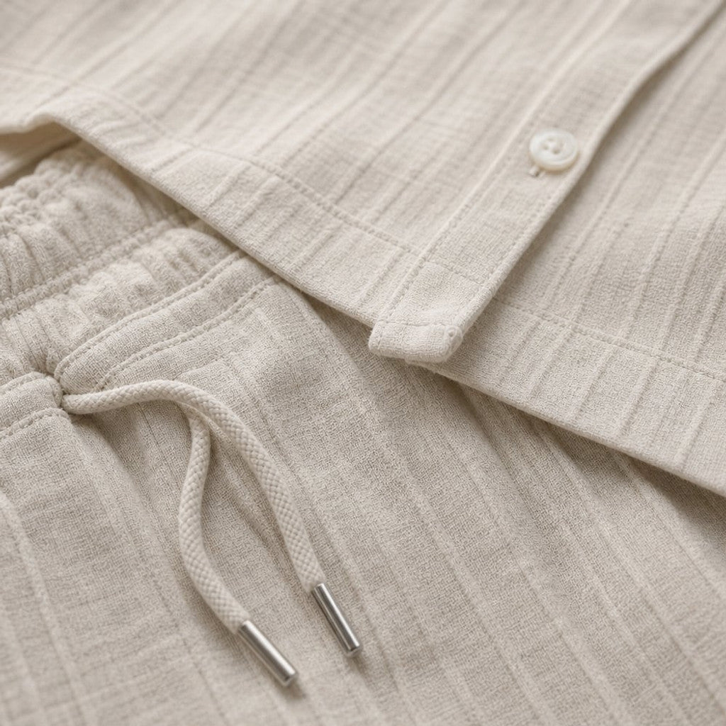 Daxwell | Matching Set Band Collar Crinkle Weave Co-Ord Apricot – Fabric and Detail Close-Up