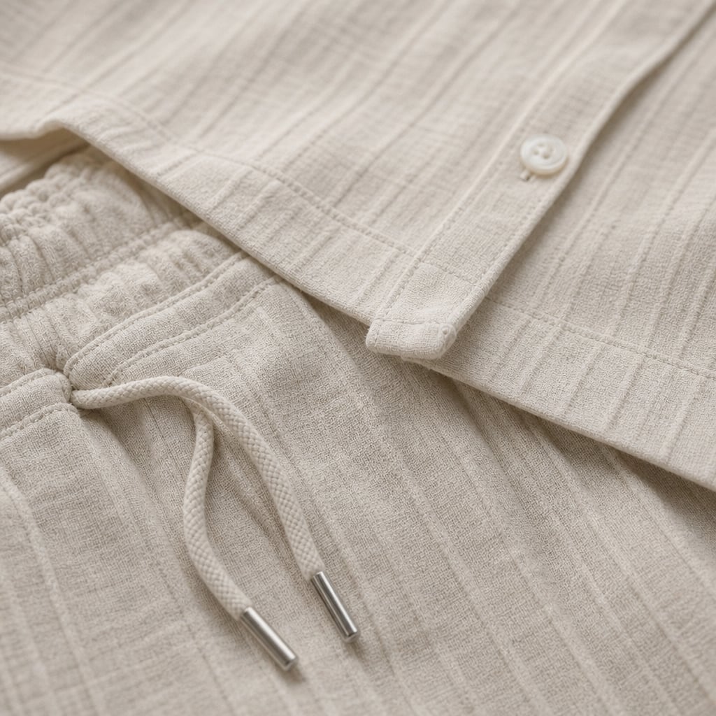Daxwell | Matching Set Band Collar Crinkle Weave Co-Ord Apricot – Fabric and Detail Close-Up