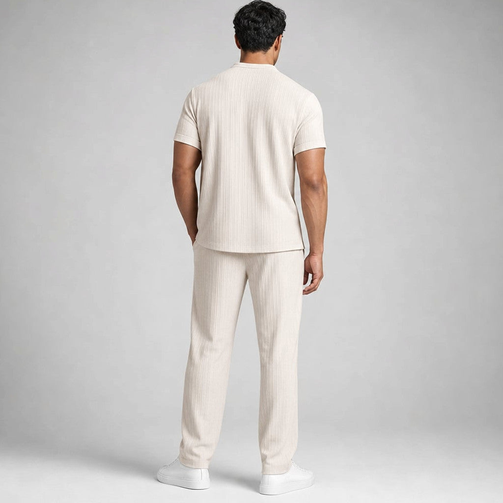 Daxwell | Matching Set Band Collar Crinkle Weave Co-Ord Apricot – Full Look