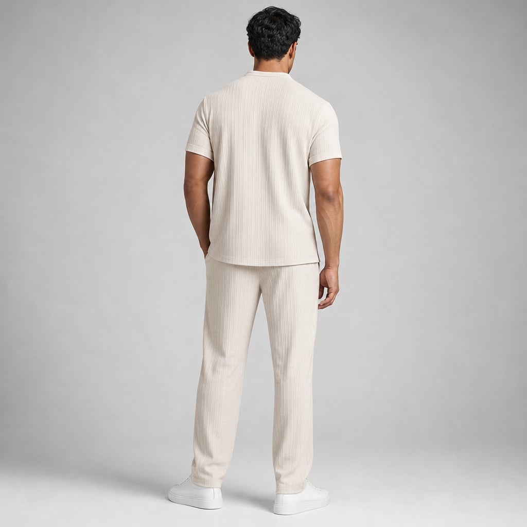 Daxwell | Matching Set Band Collar Crinkle Weave Co-Ord Apricot – Full Look