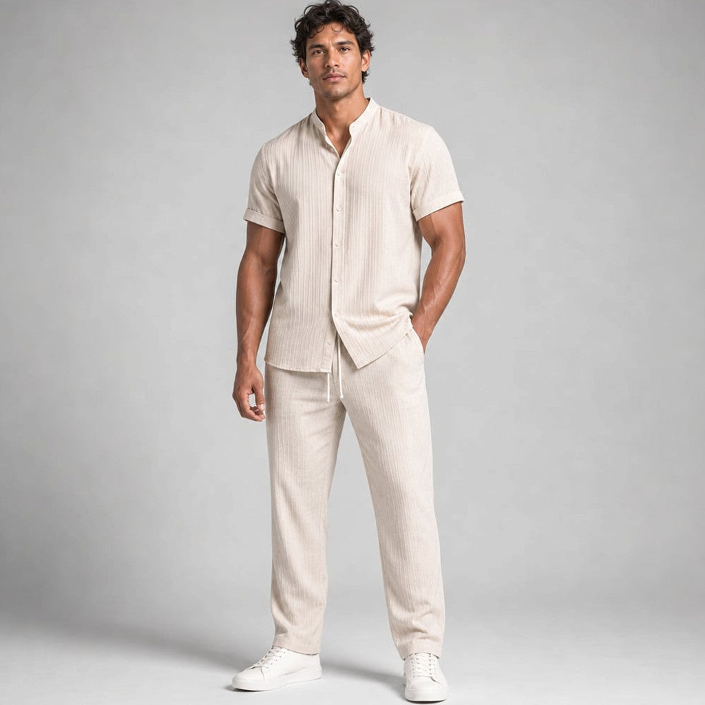 Daxwell | Matching Set Band Collar Crinkle Weave Co-Ord Apricot – Product Photo