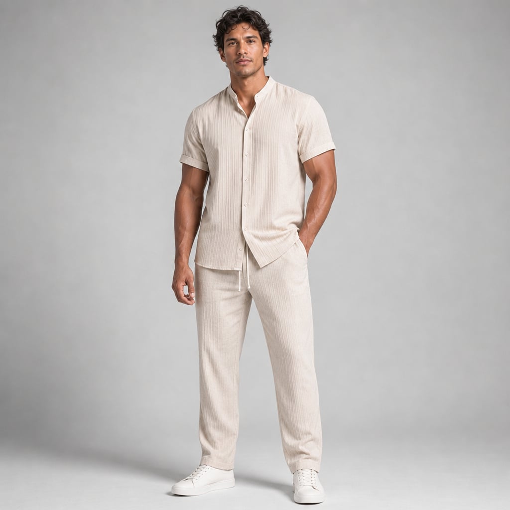 Daxwell | Matching Set Band Collar Crinkle Weave Co-Ord Apricot – Product Photo