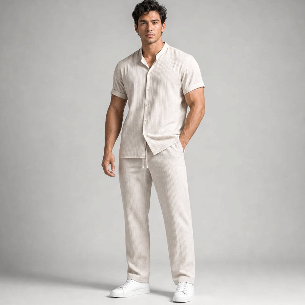 Daxwell | Matching Set Band Collar Crinkle Weave Co-Ord in Apricot – Tomosino Premium Menswear