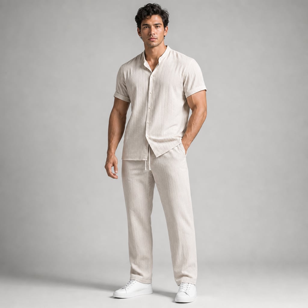 Daxwell | Matching Set Band Collar Crinkle Weave Co-Ord in Apricot – Tomosino Premium Menswear