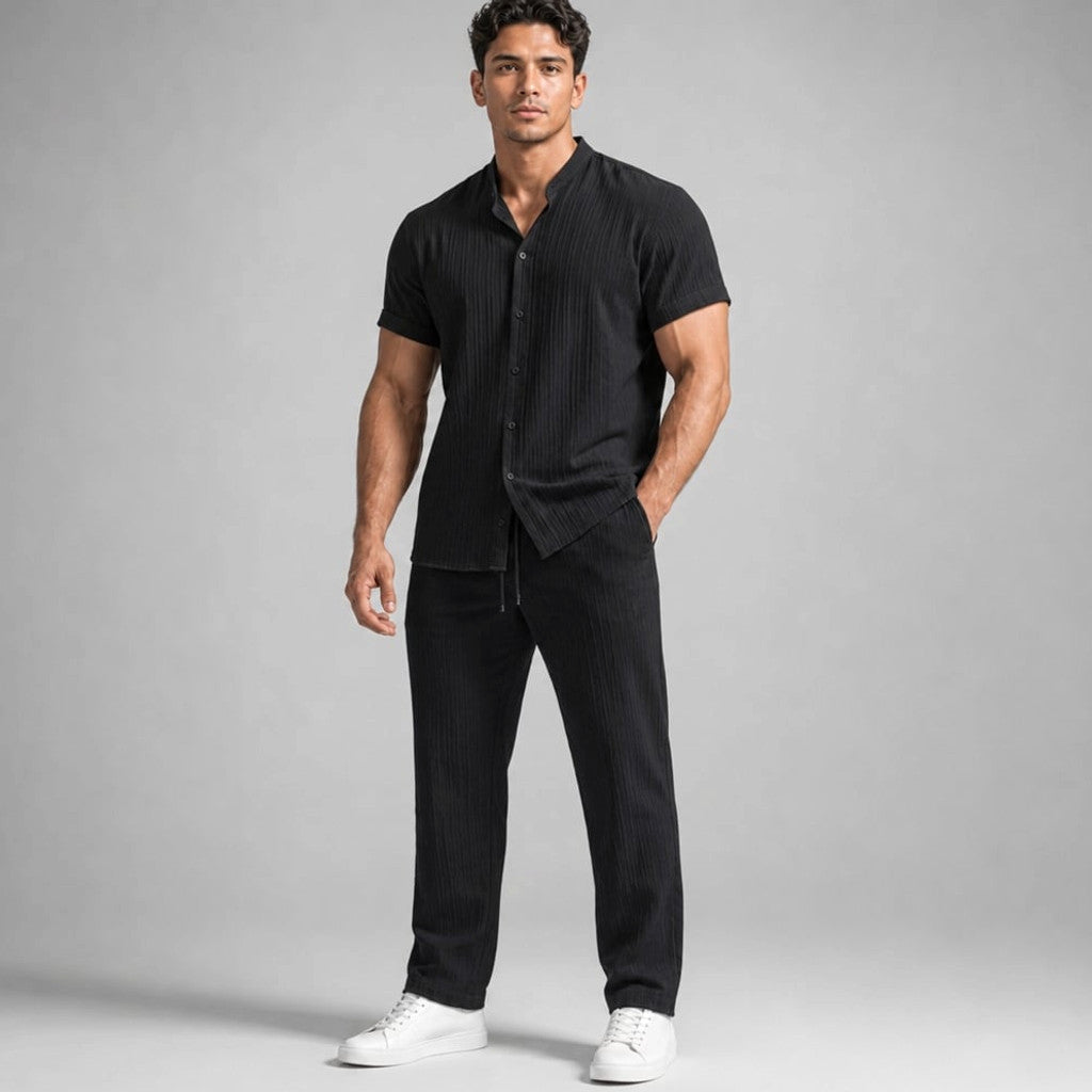 Daxwell | Matching Set Band Collar Crinkle Weave Co-Ord Black – Product Photo