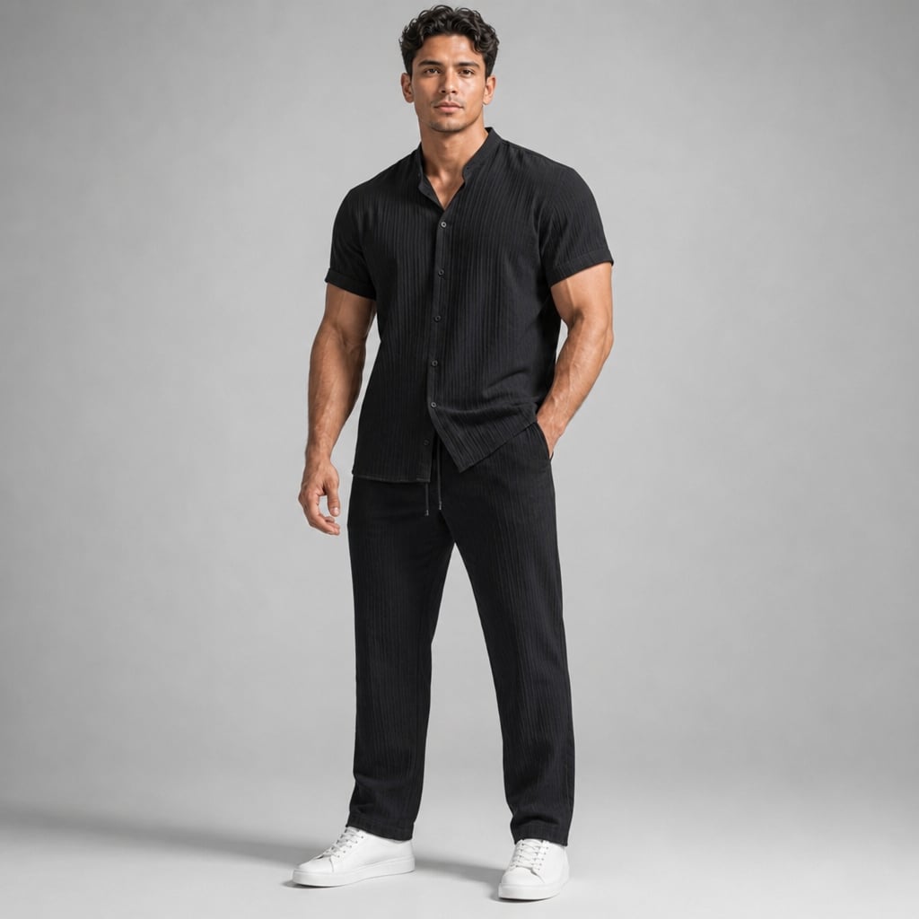 Daxwell | Matching Set Band Collar Crinkle Weave Co-Ord Black – Product Photo