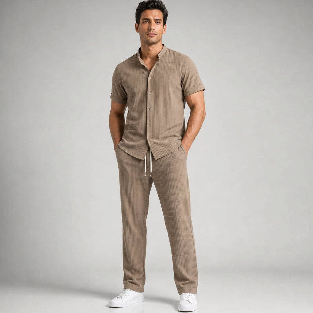 Daxwell | Matching Set Band Collar Crinkle Weave Co-Ord Brown – Product Photo