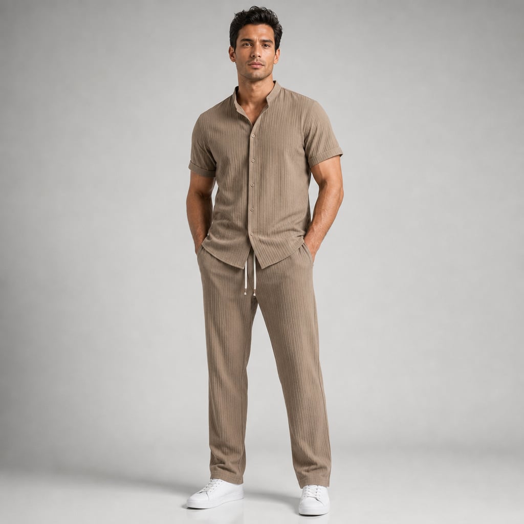 Daxwell | Matching Set Band Collar Crinkle Weave Co-Ord Brown – Product Photo