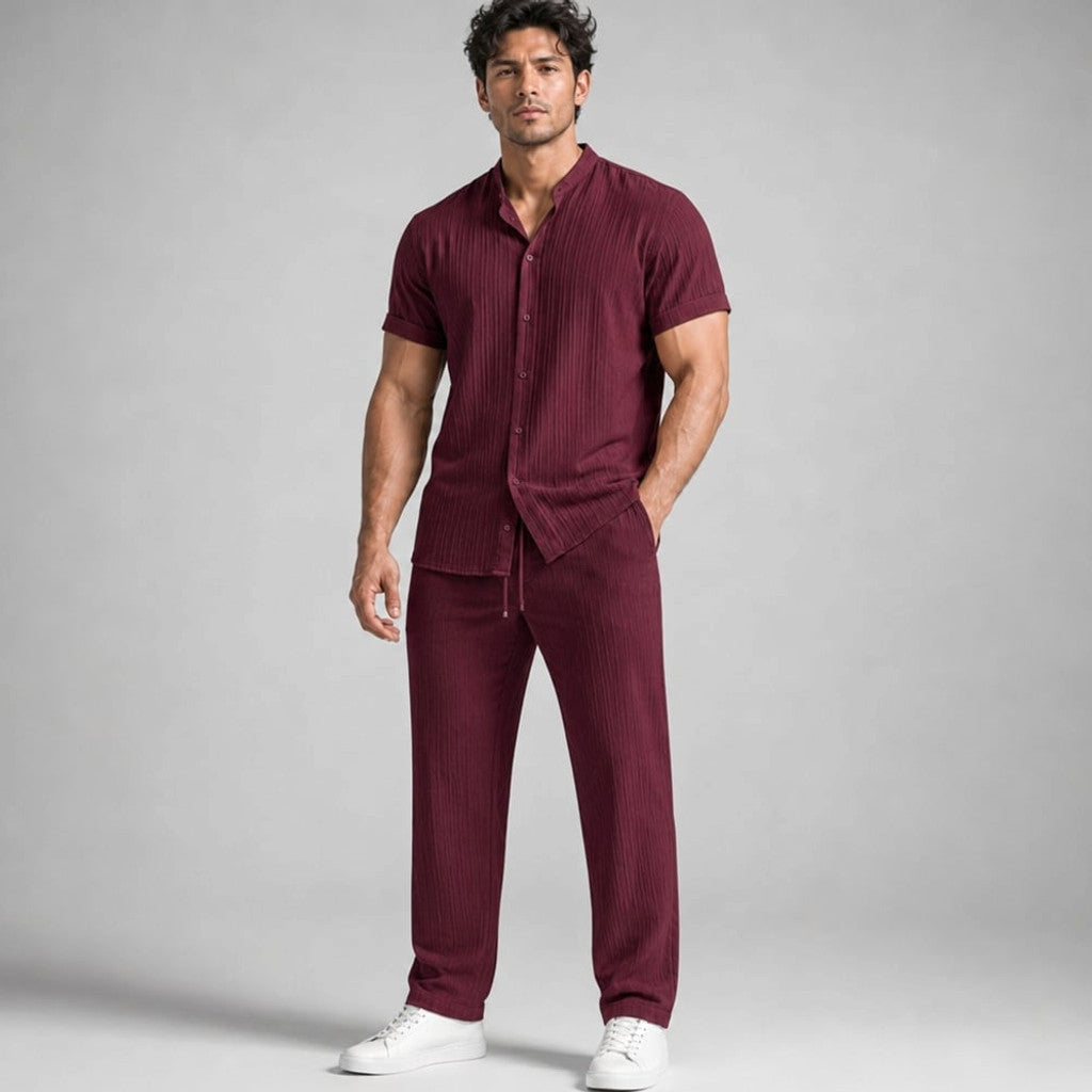 Daxwell | Matching Set Band Collar Crinkle Weave Co-Ord Burgundy – Product Photo