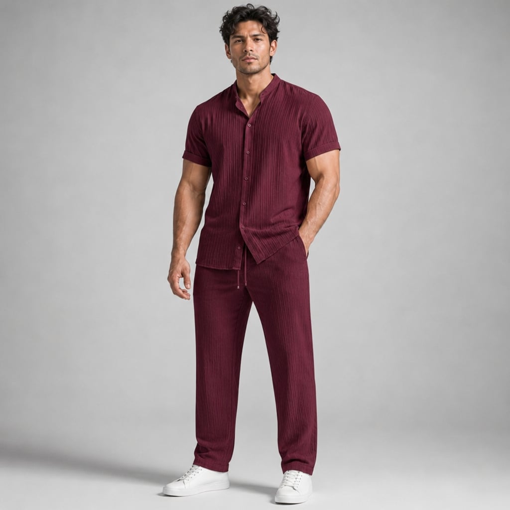 Daxwell | Matching Set Band Collar Crinkle Weave Co-Ord Burgundy – Product Photo