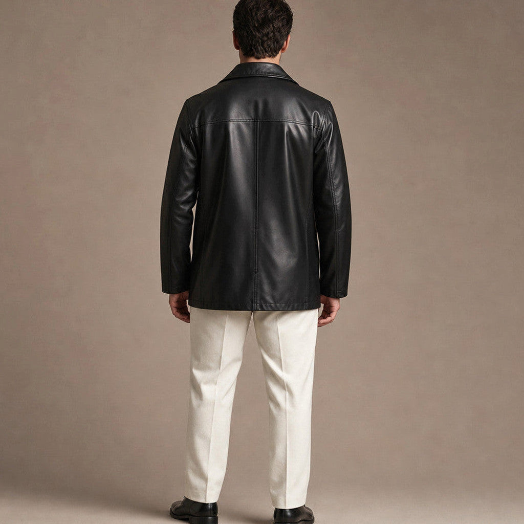 Deacon | Leather Coat Notch Collar Black – Product Photo