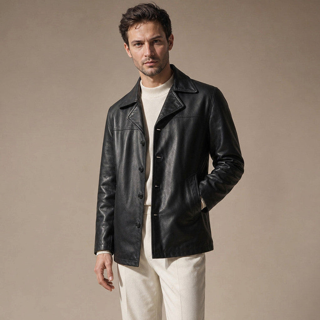 Deacon | Leather Coat Notch Collar Black – Product Photo