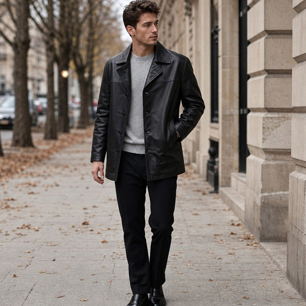 Deacon | Leather Coat Notch Collar Black – Product Photo