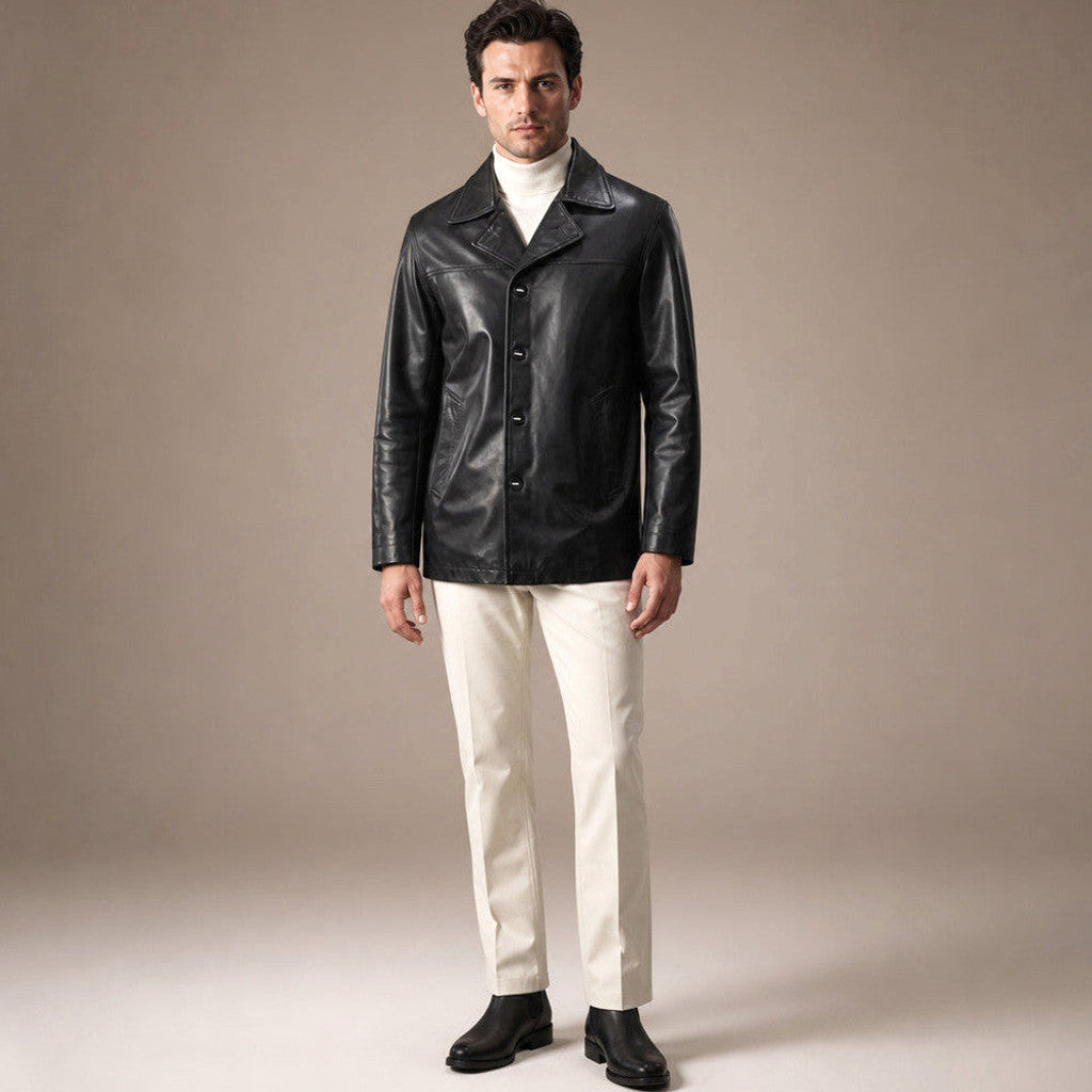 Black sheepskin leather coat with notch collar and button front