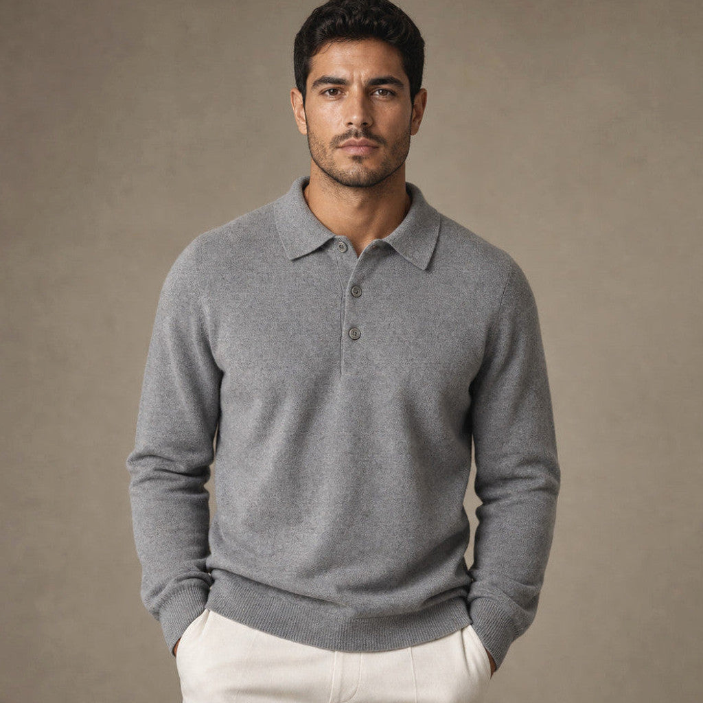 Gray ribbed knit quarter zip polo shirt with turn-down collar