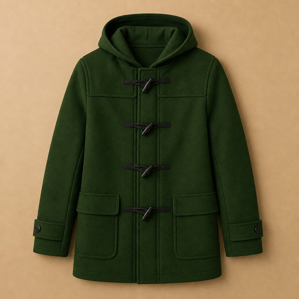 Long Winter Coat Insulated Green – Flat Lay Product Photo
