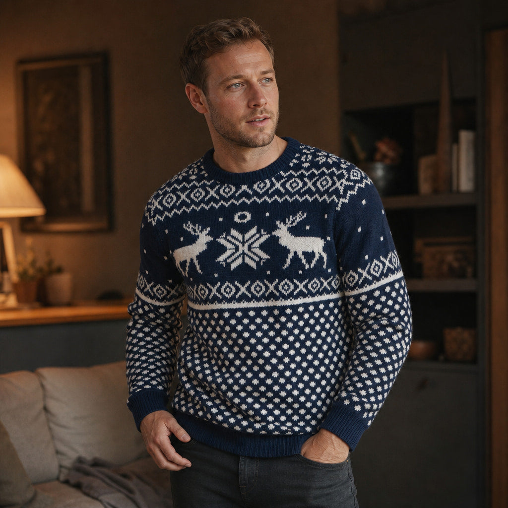 Christmas Jumper Reindeer Knit Navy Navy – Styled Editorial Shot
