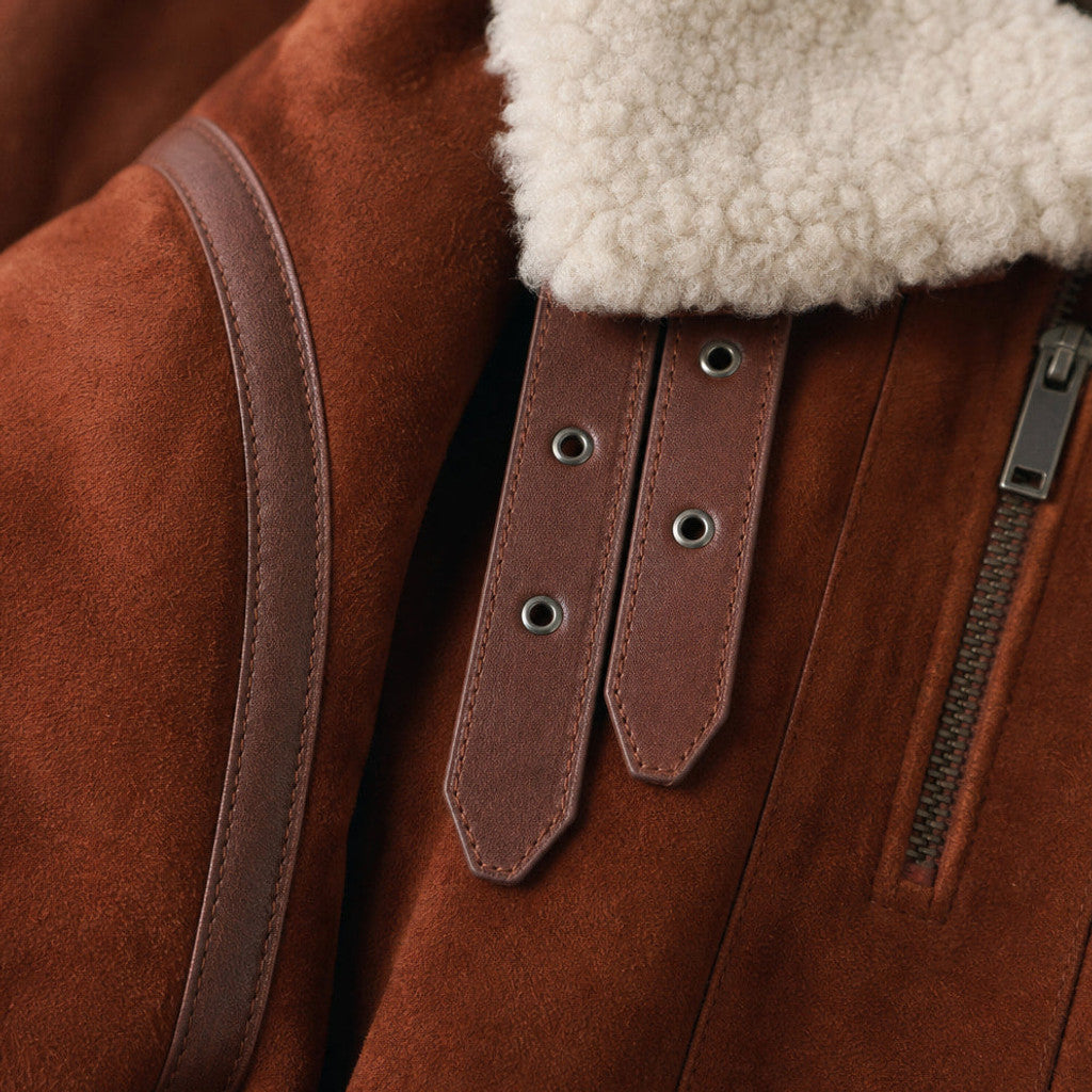 Draymont | Aviator Jacket Shearling Suede Brown Brown – Fabric and Detail Close-Up