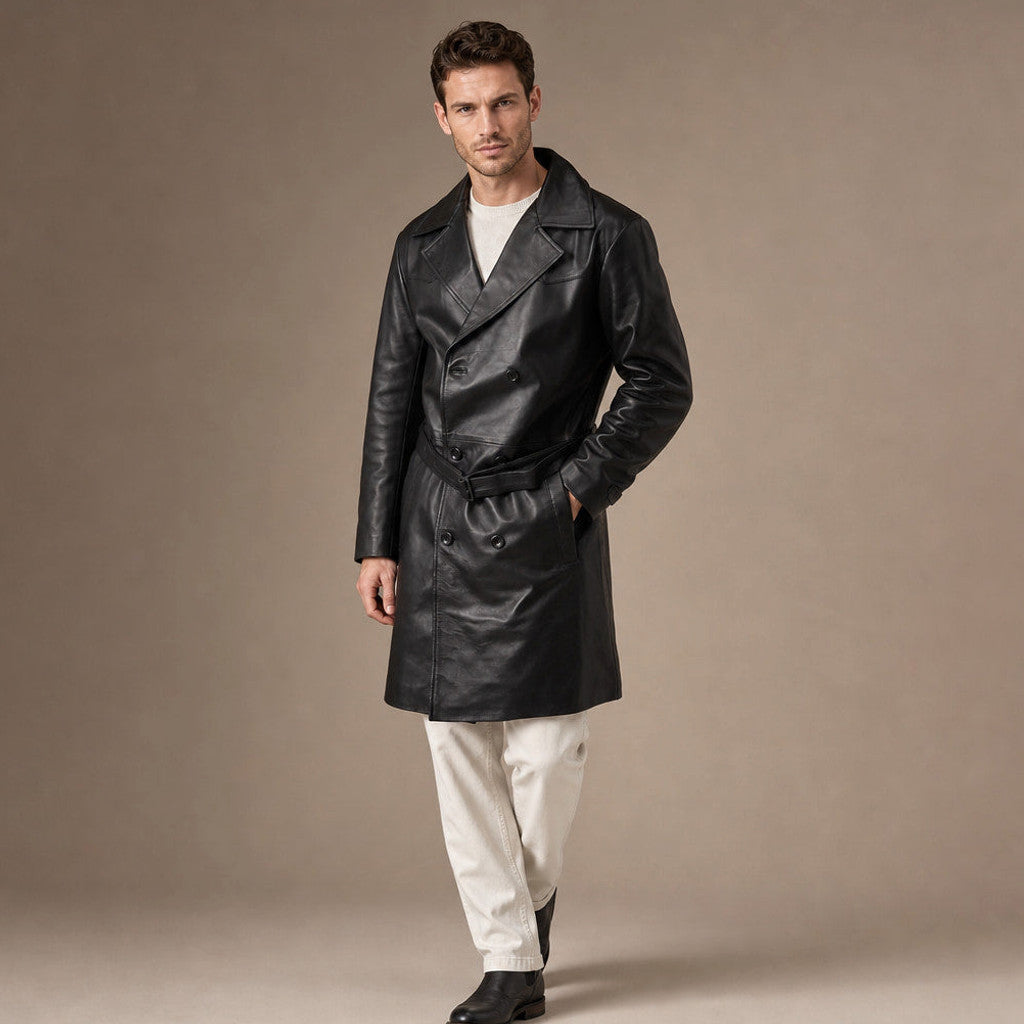 Draymore | Leather Trench Coat Belted Black Black – Side Angle View