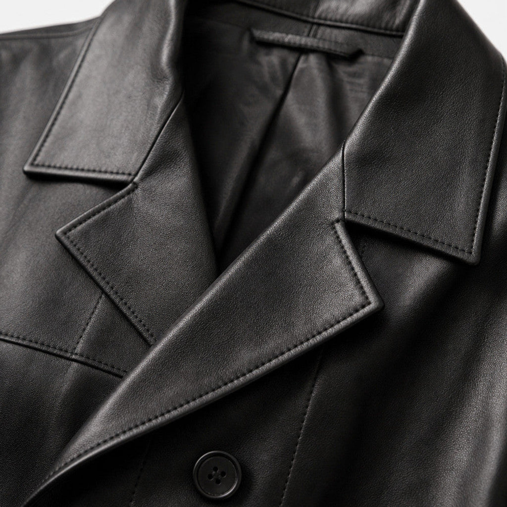 Draymore | Leather Trench Coat Belted Black Black – Fabric and Detail Close-Up