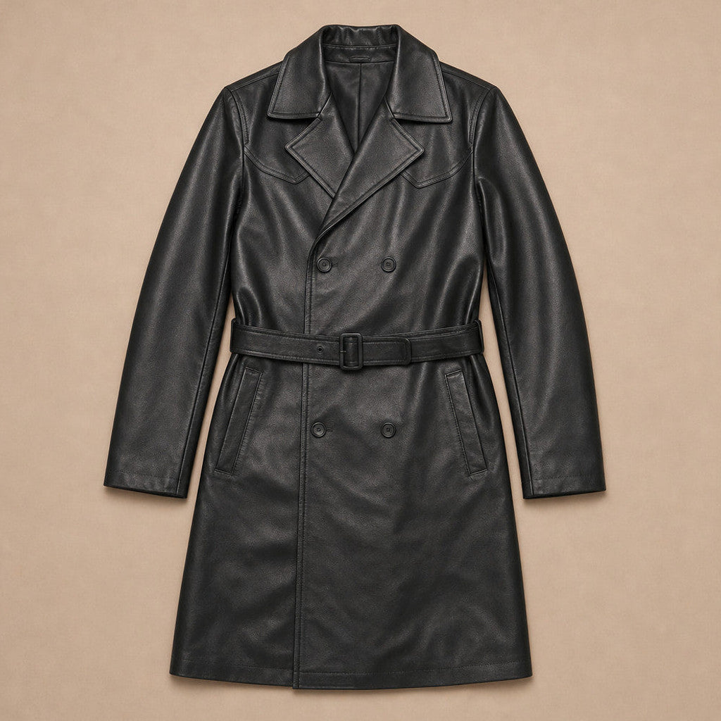 Draymore | Leather Trench Coat Belted Black Black – Flat Lay Product Photo