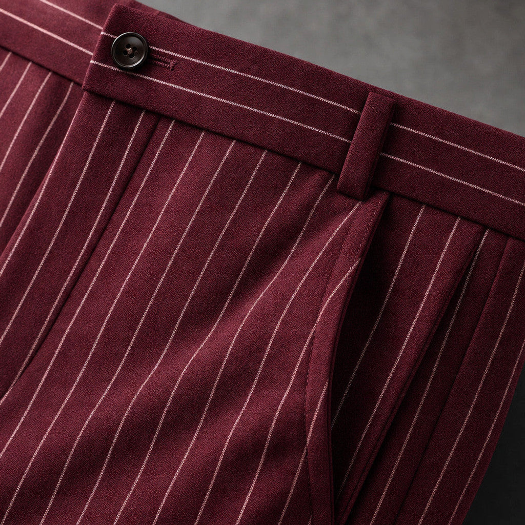 Drexo | Dress Pants Striped Slim Fit Burgundy – Fabric and Detail Close-Up