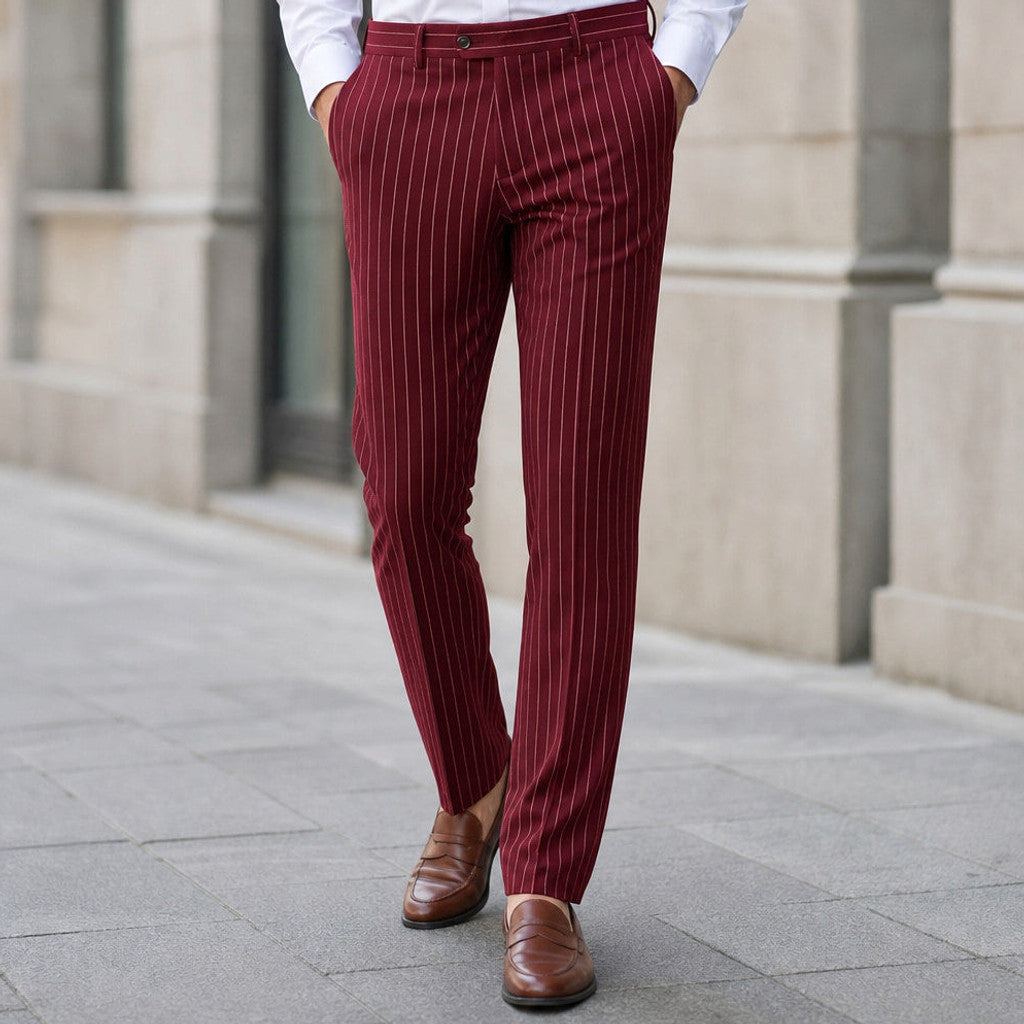Drexo | Dress Pants Striped Slim Fit Burgundy – Styled Editorial Shot