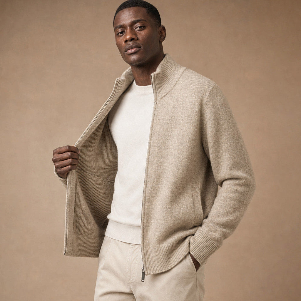 Duncan | Knit Zip Jacket Funnel Collar Camel – Side Angle View