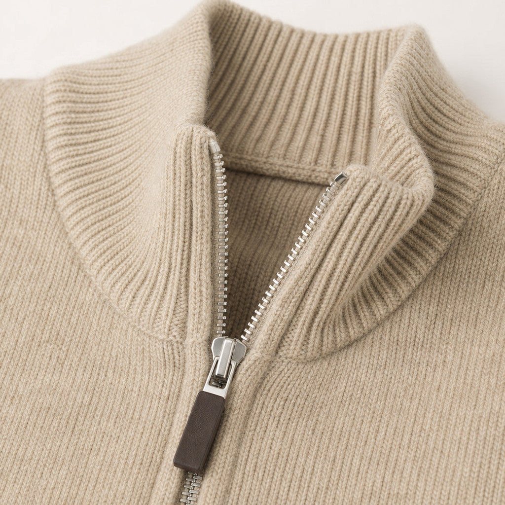 Duncan | Knit Zip Jacket Funnel Collar Camel – Fabric and Detail Close-Up
