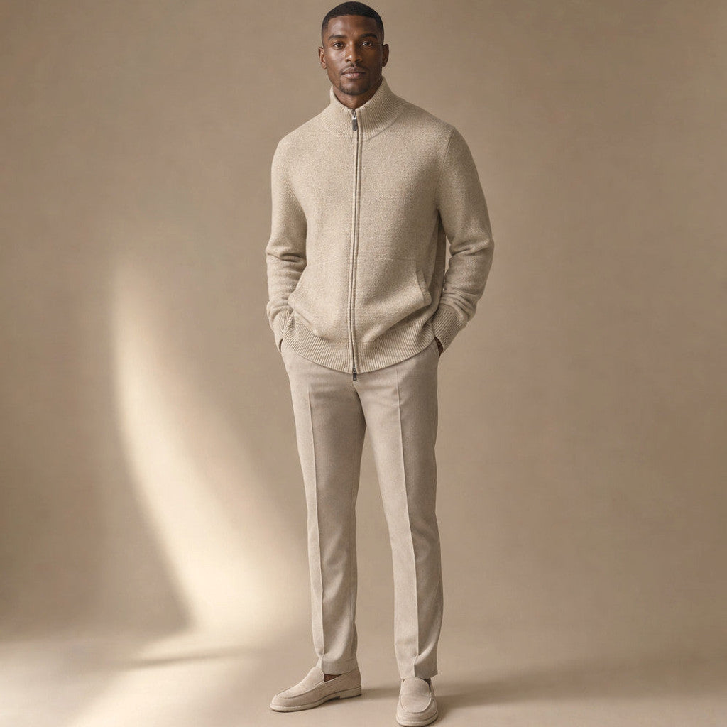 Duncan | Knit Zip Jacket Funnel Collar Camel – Full Look