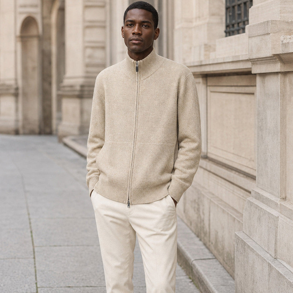 Duncan | Knit Zip Jacket Funnel Collar Camel – Styled Editorial Shot