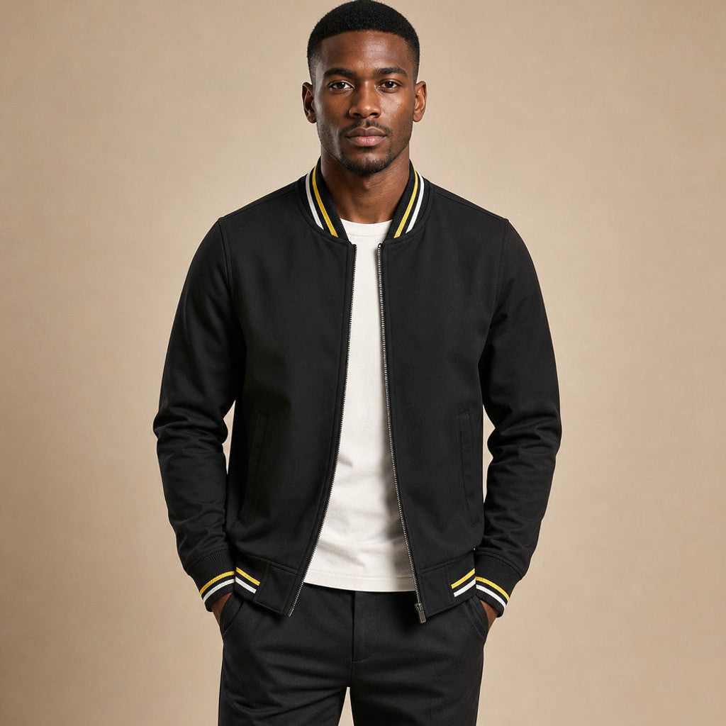 Dunmore | Zip-Up Jacket Cotton Blend Stripe Detail Black – Product Photo