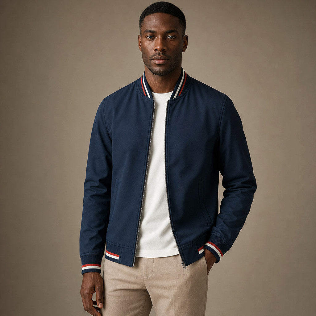 Dunmore | Zip-Up Jacket Cotton Blend Stripe Detail in Navy Blue – Premium Editorial