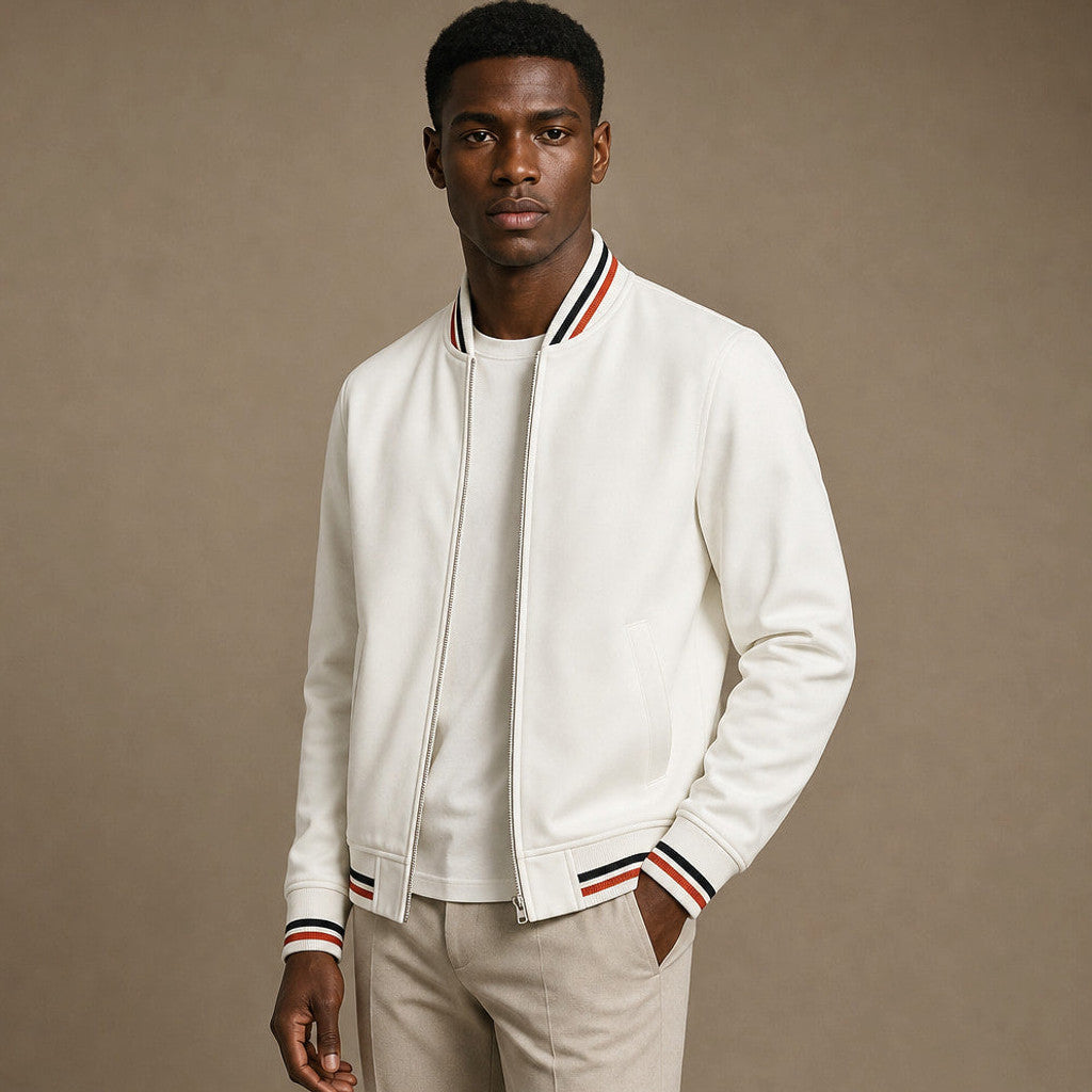 Dunmore | Zip-Up Jacket Cotton Blend Stripe Detail White – Side Angle View