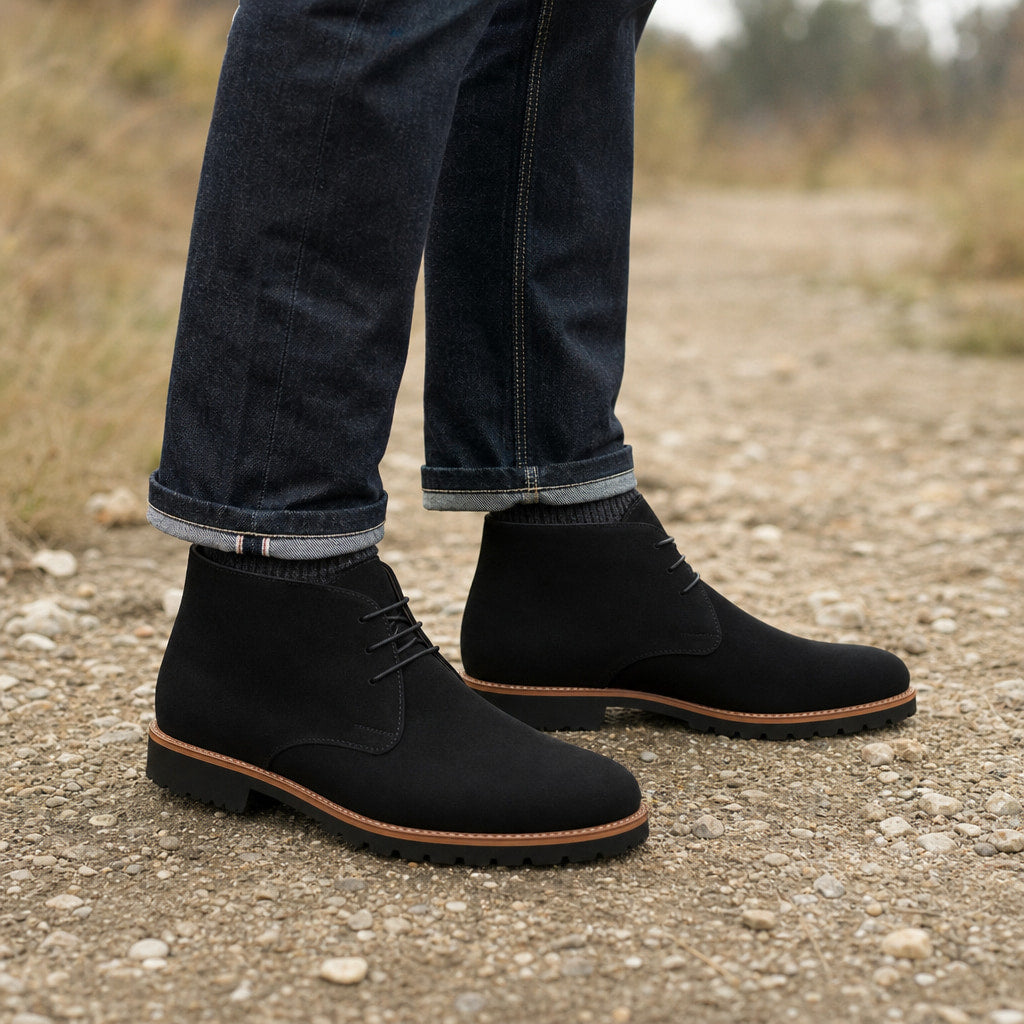 Dealer Boots Suede Rubber Sole Black – Styled Editorial Shot