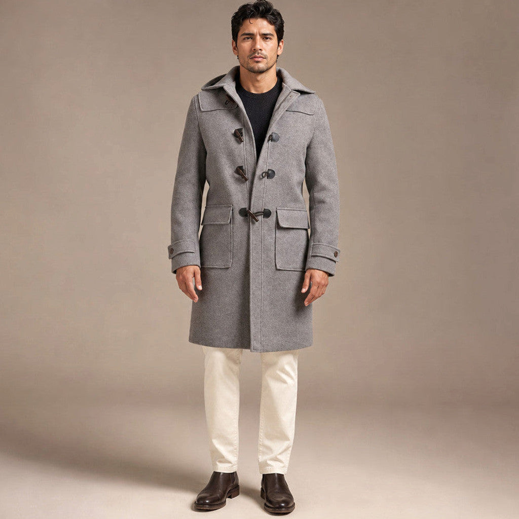 Grey wool duffle coat with detachable hood and toggle front