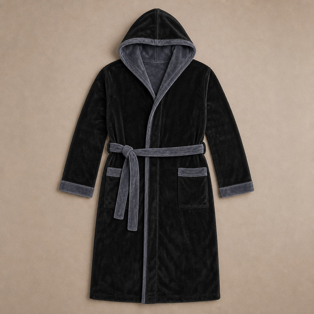 Spa Robe Hooded Fleece Black/Dark Grey – Product Photo